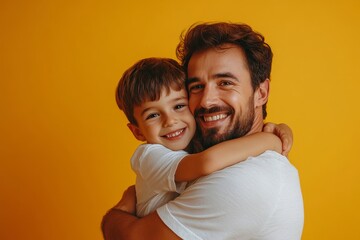 happy father's day! cute dad and son hugging on yellow background, Generative AI