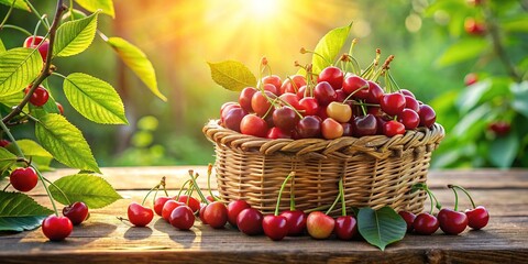 Ripe red cherries overflow from a wicker basket, surrounded by lush green leaves and a few stems, on a weathered wooden table in morning light.