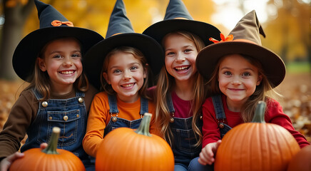 Canvas Print - Three children wearing witch hats joyfully pose with carved pumpkins in a colorful autumn setting during Halloween festivities