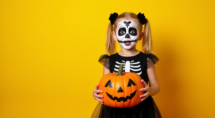 Canvas Print - A young girl in a witch's hat poses with a carved Halloween pumpkin against a bright yellow backdrop during the fall season