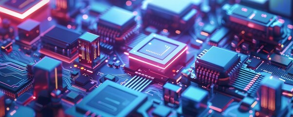 Poster - Abstract Circuit Board with Neon Lights.