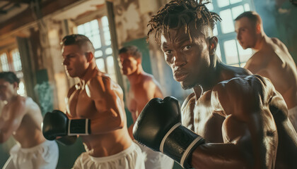 Wall Mural - A group of men are boxing in a gym