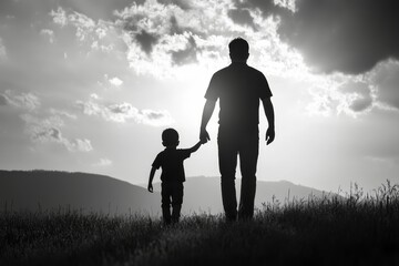 Silhouette of loving father walking side by side with son holding hands, Generative AI