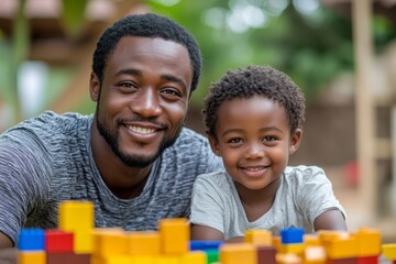 Wall Mural - Happy african dad and child son building constructor from blocks, Generative AI