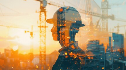 A person in a hard hat standing in front of a construction site, with equipment and building materials in the background