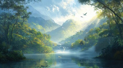 Canvas Print - Serene Rainforest Landscape with Waterfall and Birds in Flight