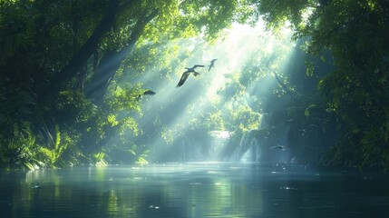 Wall Mural - Sunbeams through the Rainforest Canopy over Still Water