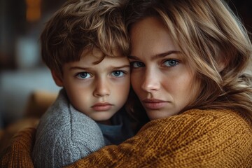 Wall Mural - Mother trying to distract upset kid. Young mom engaging depressed offended son in bad mood by hug. Child and parent relationship. Worried woman talk to frustrated little boy after fight, Generative AI