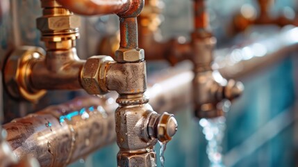 Close-up of water dripping from brass faucet