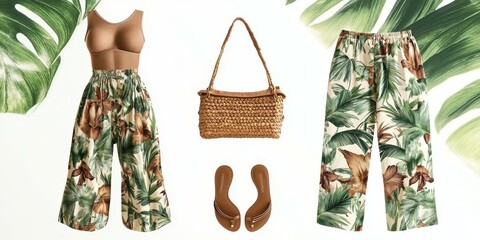 Wall Mural - Tropical print pants, sandals, handbag, and tank top.