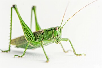 Poster - A close-up shot of a grasshopper sitting on a white surface, ideal for use in educational materials, insect-themed designs, or as a decorative element