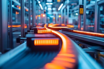 A conveyor belt with orange lights on it