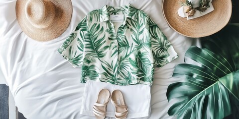 Wall Mural - Tropical shirt, white shorts, sandals, and straw hats.