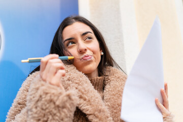 Poster - Young woman holding a pen at outdoors