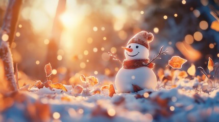 Canvas Print - Smiling snowman with scarf amidst golden autumn leaves in sunlight. first snow concept.