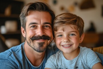 Father's day. Happy funny family son and dad with mustache, Generative AI