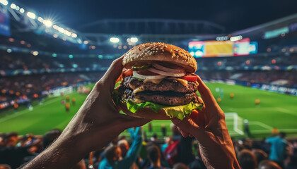 A person is holding a large hamburger in their hand