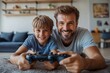 © Reeta - Joyful dad and son with joysticks playing video games at home, boy distracting father with hand, Generative AI