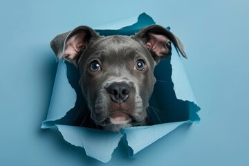 Cute dog looking through hole torn in blue paper