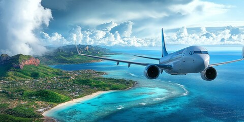 Wall Mural - Airplane flying over tropical island and turquoise water.