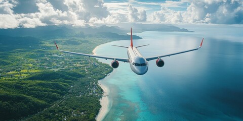 Wall Mural - Plane flies over tropical island coastline.