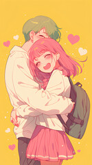 Sticker - Young male and female anime couple dating, vertical simple background