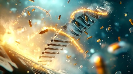 Poster - DNA Helix with Golden Pills and Sparks.