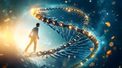 Wall Mural - Man Standing Before a DNA Double Helix.