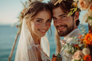 Bride and groom under floral wedding arch