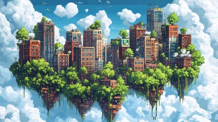 Wall Mural - Futuristic 8-Bit Pixelated Sky Cityscape with Floating Islands and Copy Space Cloud for Text Overlay