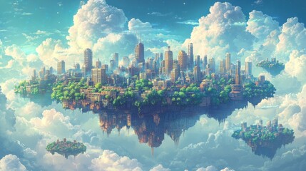 Wall Mural - Futuristic 8-Bit Pixelated Sky Cityscape with Floating Islands and Copy Space Clouds