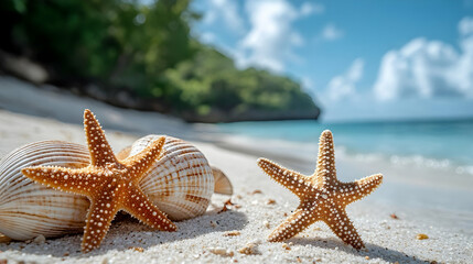 Two starfish on a white sandy beach near the ocean.