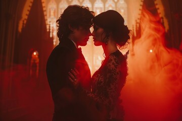 Bride and groom sharing romantic moment in red lit church