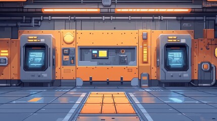 Wall Mural - Futuristic 16-Bit Space Station Interior with Robot and Copy Space, Sci-Fi Technology Background