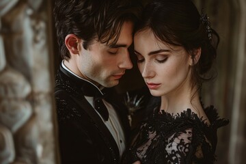 Romantic couple wearing black formal attire posing in ornate building