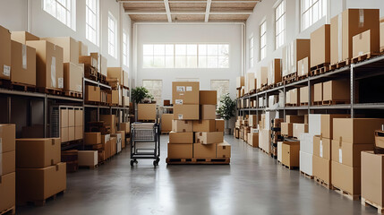 Warehouse with many stacked cardboard boxes on shelves and a pallet in the middle.