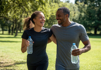 Poster - A happy man and woman in sportswear are walking through the park, laughing while taking a break from their run