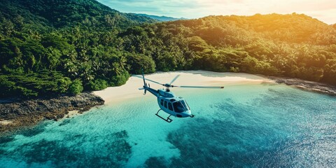 Wall Mural - A helicopter flying over a tropical beach.