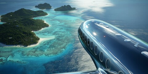 Wall Mural - Private jet flying over tropical islands.