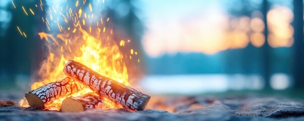 closeup of a campfire with background of blur forest during sunset