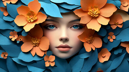 Poster - Woman's face framed by blue and orange paper flowers.