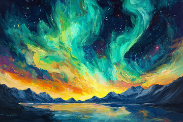 Wall Mural - northern lights over mountains painting  