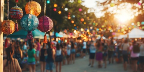 Poster - Colorful Lanterns Hanging Over Blurred Crowd at Summer Festival