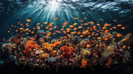 Underwater Coral Reef with School of Fish and Sunbeams