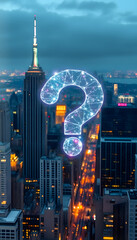 Double exposure of abstract virtual question mark hologram on New York city skyscrapers background. Sociology and psychology concept isolated with white highlights, png