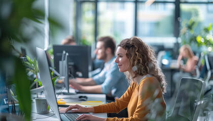 A woman is sitting at a desk with a laptop and a potted plant in front of her