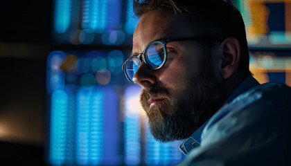 A man is sitting in front of two computer monitors