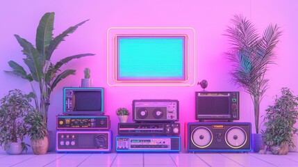 Poster - Retro Tech and Tropical Plants in Neon Pink and Blue Lighting