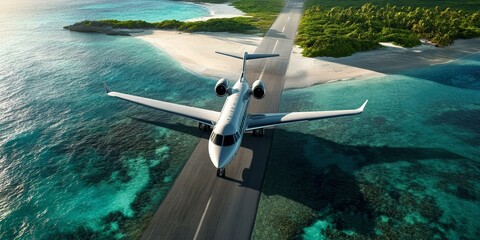 Wall Mural - Private jet landing on tropical runway.