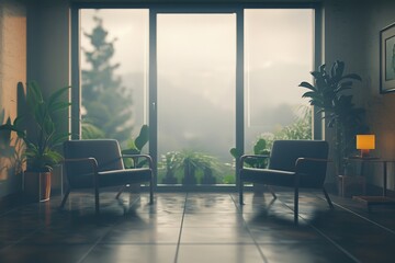 Wall Mural - A cozy room with two chairs and a plant in front of a window